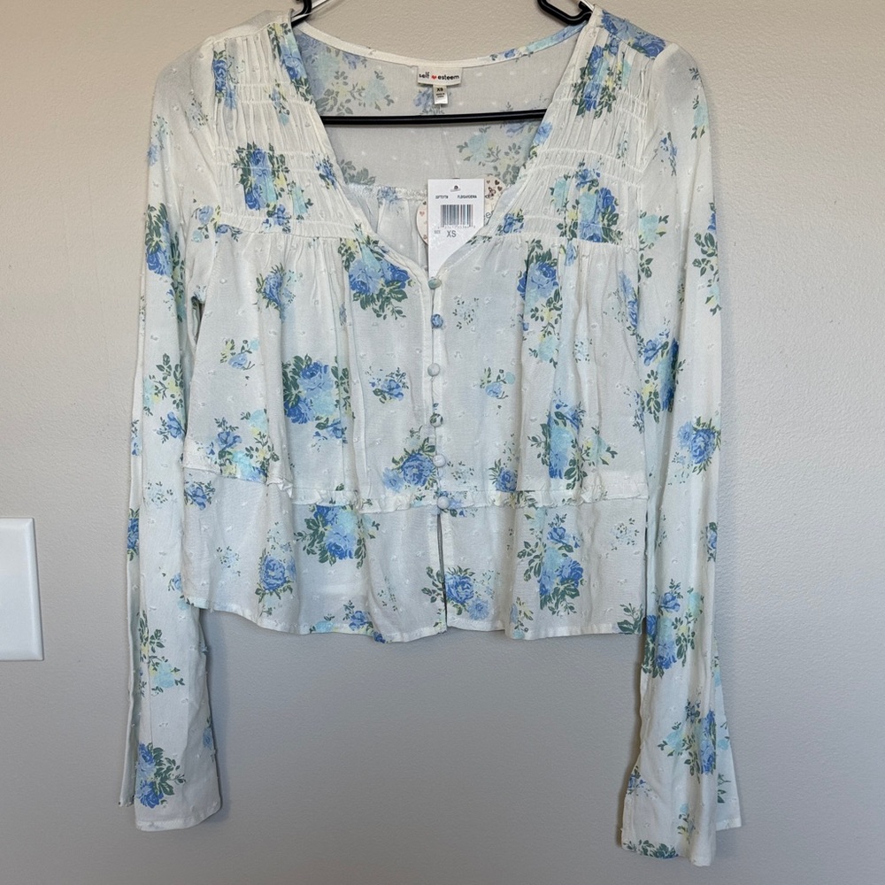 Self Esteem White and Blue Floral Blouse